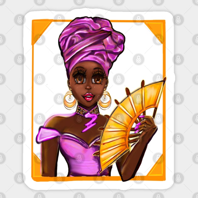 Queen Black is beautiful Anime Manga black girl with fan, Purple headdress, necklace, earrings, gold dress and head wrap, brown eyes and dark brown skin ! Sticker by Artonmytee